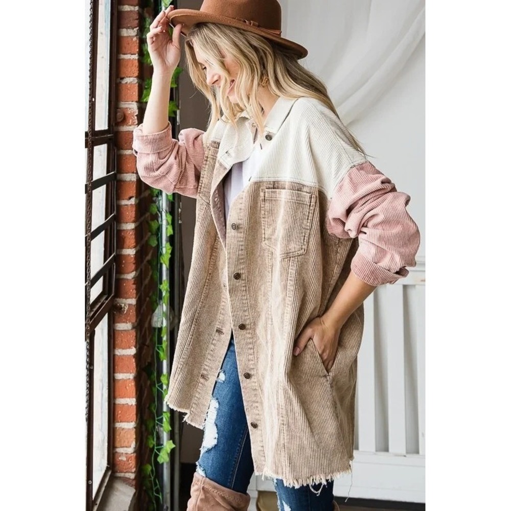 Oli & Hali Corduroy Colorblock Distressed Shacket‎ S Boho Oversized Jacket - Picture 2 of 9